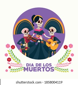 dia de los muertos celebration card with skeletons group and flowers vector illustration design