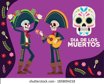 dia de los muertos celebration lettering card with skeletons mariachis and flowers vector illustration design
