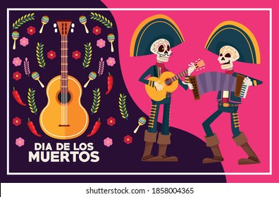 dia de los muertos celebration card with skeletons mariachis playing instruments vector illustration design