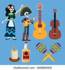 dia de los muertos celebration card with set icons vector illustration design