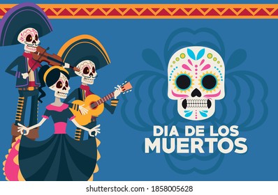 dia de los muertos celebration card with skeletons group and skull painted vector illustration design