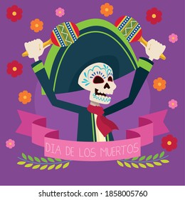 dia de los muertos celebration card with mariachi skeleton playing maracas vector illustration design