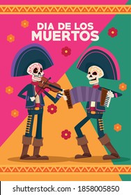 dia de los muertos celebration card with skeletons mariachis and flowers vector illustration design