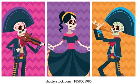 dia de los muertos celebration card with skeletons group colors characters vector illustration design