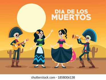 dia de los muertos celebration card with skeletons group in desert vector illustration design