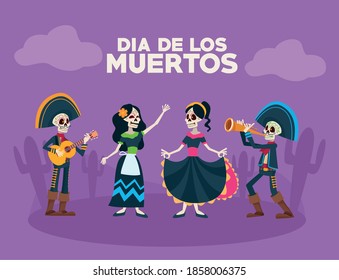 dia de los muertos celebration card with skeletons group in desert scene vector illustration design