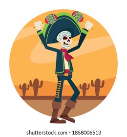 dia de los muertos celebration card with mariachi skeleton playing maracas in desert vector illustration design