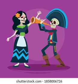 dia de los muertos celebration card with skeletons couple and trumpet vector illustration design