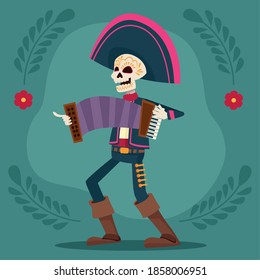 dia de los muertos celebration card with mariachi skeleton playing accordion vector illustration design