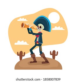 dia de los muertos celebration card with mariachi skeleton playing trumpet vector illustration design