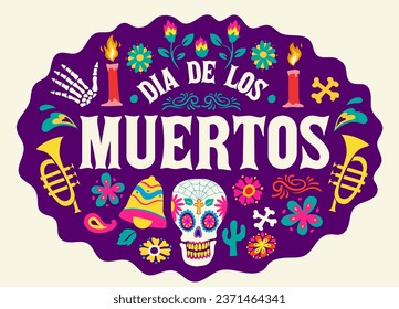 Dia De Los Muertos Celebration Card Design mit Skulls und Objekt