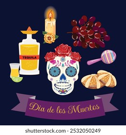 Dia de los Muertos celebration, decorated skull, sweet bread, maracas, and more on dark purple background