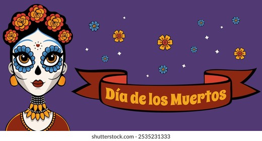 Dia de los Muertos celebration banner with female sugar skull character with colorful face paint and floral headpiece. Mexican Holliday template with purple background. Vector