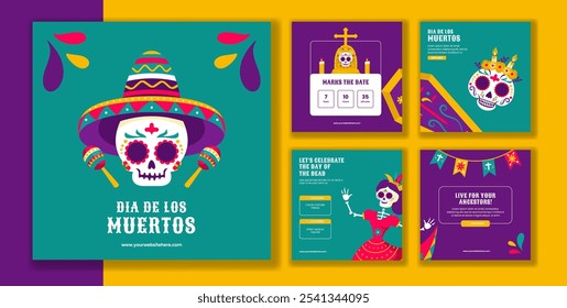 Dia de Los Muertos Celebration Post with Festive Cartoon Background for Social Media