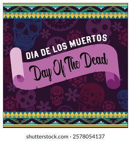 Dia de los Muertos celebration with festive skulls and decorative patterns to honor Mexican traditions. Featuring traditional colors and designs that symbolize memories and cultural heritage. 