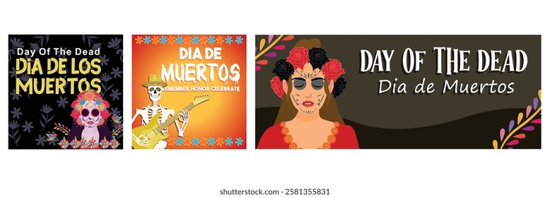 Dia de Los Muertos celebration. The Day of the Dead illustration design features bright colors, traditional frames, and floral elements. Day of the Dead concept. Set flat vector illustration.