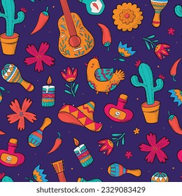 dia de los muertos, cinco de mayo, mexican seamless pattern with doodles, cartoon elements for wallpaper, textile prints, scrapbooking, stationary, wrapping paper, etc. EPS 10