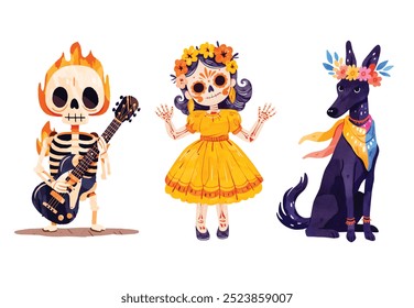 Dia de Los Muertos Clipart, Paquete Digital de Halloween, Arte de Clip mexicano, Personajes lindos del Día de los Muertos