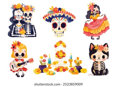 Dia de Los Muertos Clipart, Paquete Digital de Halloween, Arte de Clip mexicano, Personajes lindos del Día de los Muertos