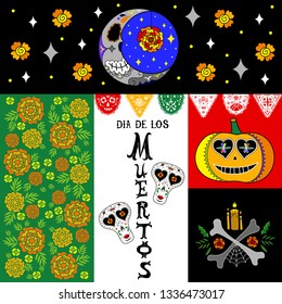 Dia de los Muertos collage vector illustration set. Marigolds, moon, pumpkin, lettering, bones, candle. Day of the dead. Mexican holiday