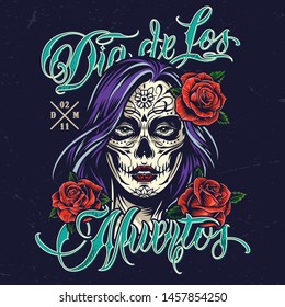 Dia De Los Muertos colorful template with woman head with Day of Dead makeup and blooming roses in her hair isolated vector illustration