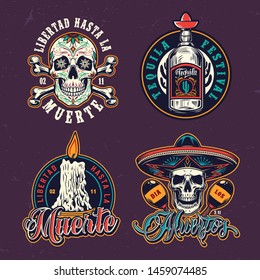 Dia De Los Muertos colorful emblems with sugar skull in sombrero hat maracas crossbones burning candle tequila bottle in vintage style isolated vector illustration