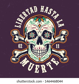 Dia De Los Muertos colorful badge with sugar skull and crossbones in vintage style isolated vector illustration