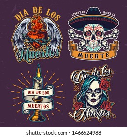 Dia De Los Muertos colorful labels with sugar skull in sombrero hat burning candle fiery heart in wire with angel wings and woman face with spooky makeup isolated vector illustration