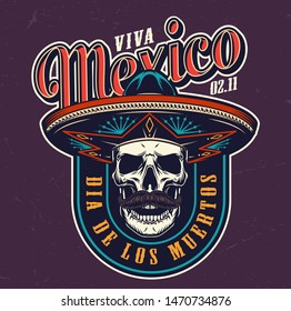 Dia De Los Muertos colorful logo with mustached skull in sombrero hat in vintage style isolated vector illustration