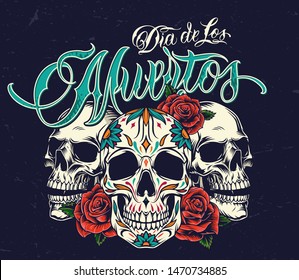 Dia De Los Muertos colorful concept with sugar skulls and rose flowers in vintage style on dark background isolated vector illustration