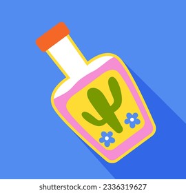 Dia de los muertos colorful tequila concept. Traditional Mexican holiday. Bottle with alcoholic drink. Poster or banner for website. Cartoon flat vector illustration isolated on blue background