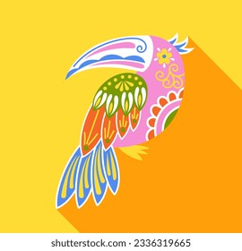Dia de los muertos colorful bird concept. Traditional Mexican holiday. Day of deads festival. Poster or banner for website. Cartoon flat vector illustration isolated on yellow background