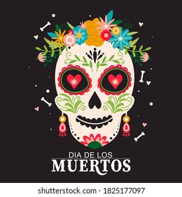 Dia de Los Muertos composition. Traditional Mexican festival. Sugar mexican skull with floral decoration. Illustration for poster, banner, card, invitation etc. Colorful vector template.