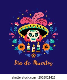 Dia de los Muertos concept. Vector flat cartoon illustration with Catrina sugar festive skull in hat with feathers, flowers and candles, isolated on dark blue background.