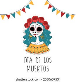 Dia de los Muertos concept. Colorful banner, poster, brochure, flyer template. An illustration of a Mexican woman with a skull makeup. Isolated on white. Celebrated annually on November 2. 