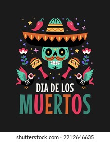 Dia de los Muertos concept. Vector flat cartoon illustration with a sugar festive skull in a sombrero, surrounded by flowers, birds, and maracas, isolated on black background