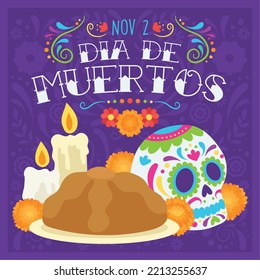 Dia de los muertos cute poster head skeleton and candles Vector illustration