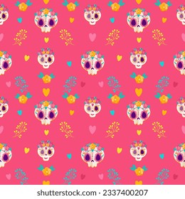 dia de Los Muertos Cute seamless pattern background for wallpapers, cards, textile decoration design, sugar skull print