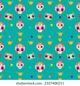 dia de Los Muertos Cute seamless pattern background for wallpapers, cards, textile decoration design, sugar skull print