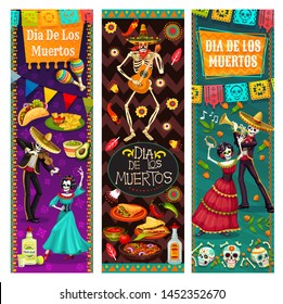 Dia de los Muertos, dancing with dead in Mexico, vector. Endless dance of life and death, man and woman skeletons, holiday symbols. Food and drinks, tequila and burritos, maracas and guitar, calavera