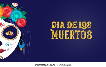 Dia de los muertos, Day of the dead, Mexican holiday, festival. Vector poster, banner and card with make up of sugar skull, woman and man