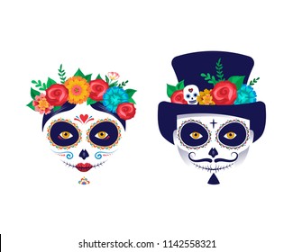Dia de los muertos, Day of the dead, Mexican holiday, festival. Vector poster, banner and card with make up of sugar skull, woman and man