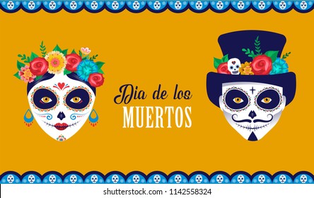 Dia de los muertos, Day of the dead, Mexican holiday, festival. Vector poster, banner and card with make up of sugar skull, woman and man