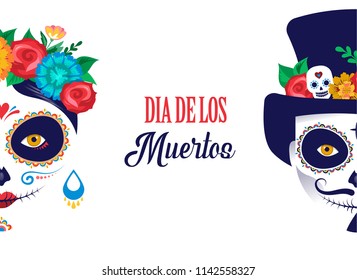 Dia de los muertos, Day of the dead, Mexican holiday, festival. Vector poster, banner and card with make up of sugar skull, woman and man