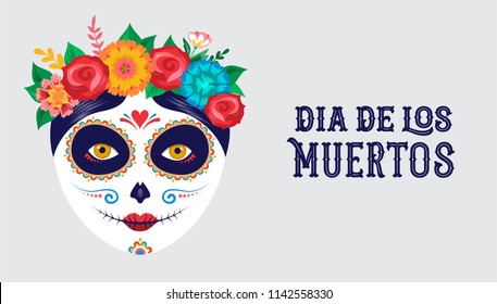 Dia de los muertos, Day of the dead, Mexican holiday, festival. Vector poster, banner and card with make up of sugar skull, woman and man