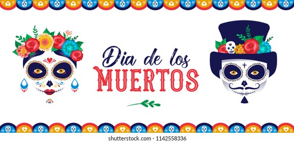 Dia de los muertos, Day of the dead, Mexican holiday, festival. Vector poster, banner and card with make up of sugar skull, woman and man