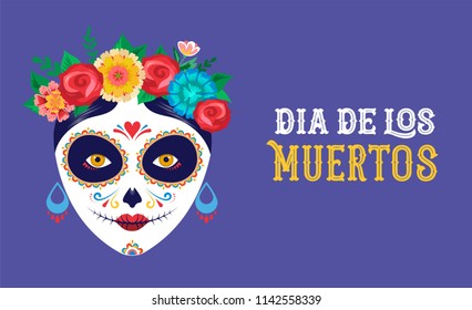 Dia de los muertos, Day of the dead, Mexican holiday, festival. Vector poster, banner and card with make up of sugar skull, woman and man