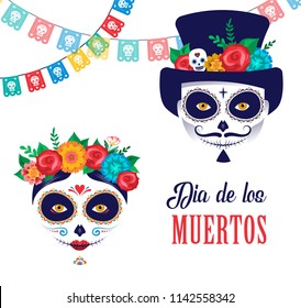 Dia de los muertos, Day of the dead, Mexican holiday, festival. Vector poster, banner and card with make up of sugar skull, woman and man