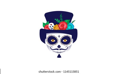 Dia de los muertos, Day of the dead, Mexican holiday, festival. Poster, banner and card. Man with make up of sugar skull