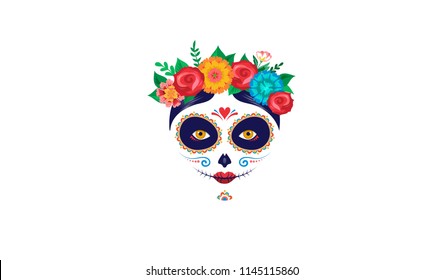 Dia de los muertos, Day of the dead, Mexican holiday, festival. Poster, banner and card. Woman with make up of sugar skull